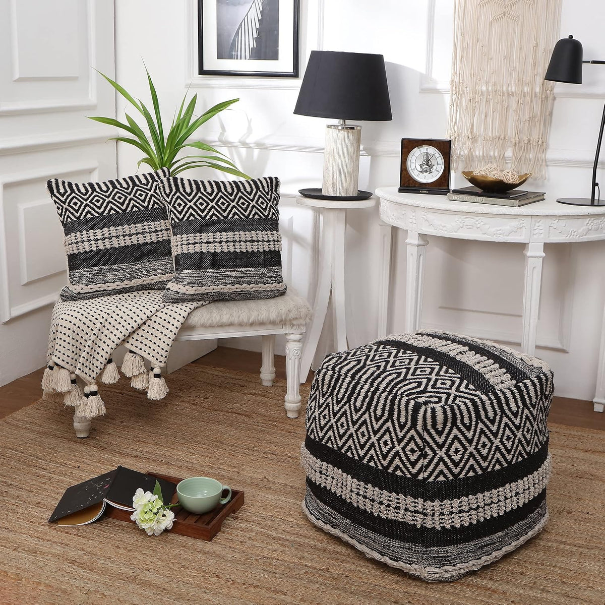 · REDEARTH · Pouf with Filler Cube Bean Bag Pouffe - Char Delineate Black