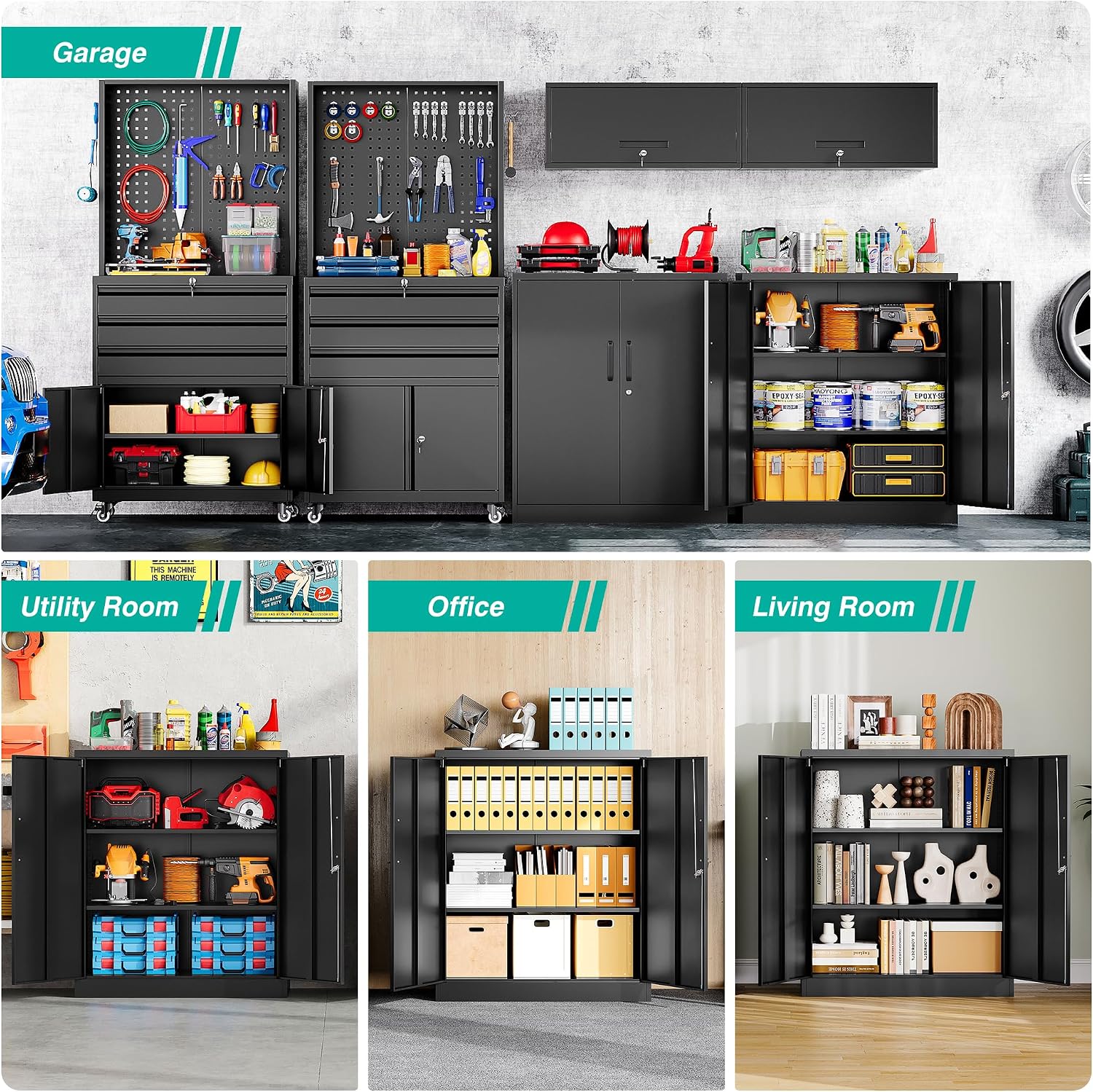 Metal Storage Cabinet Locked Steel Cabinet with 2 Adjustable Shelves,Office Cabinet Locking Tool Cabinets,Kitchen Storage Cabinets Metal Locker Small Counter Height Storage Cupboard 36" H