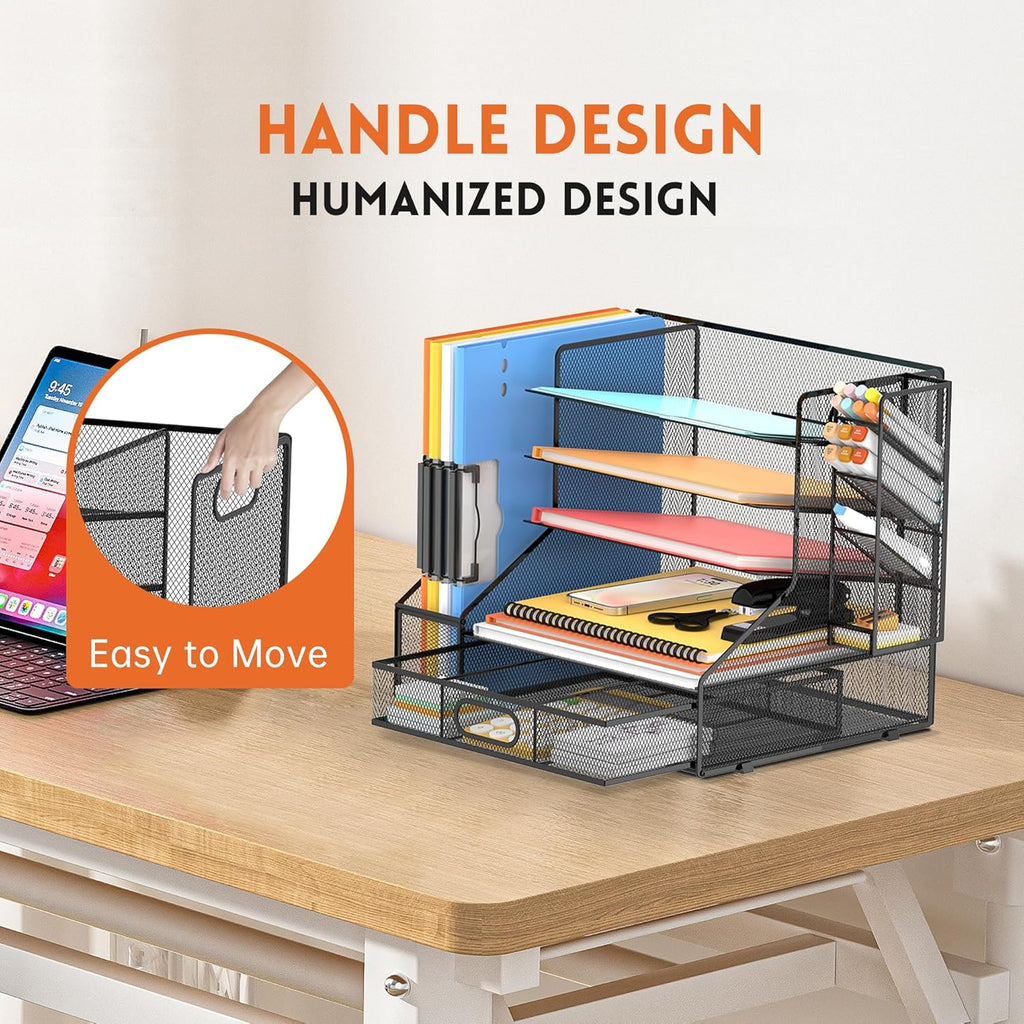 5-tier desk organizer with file holder & pen, package contents