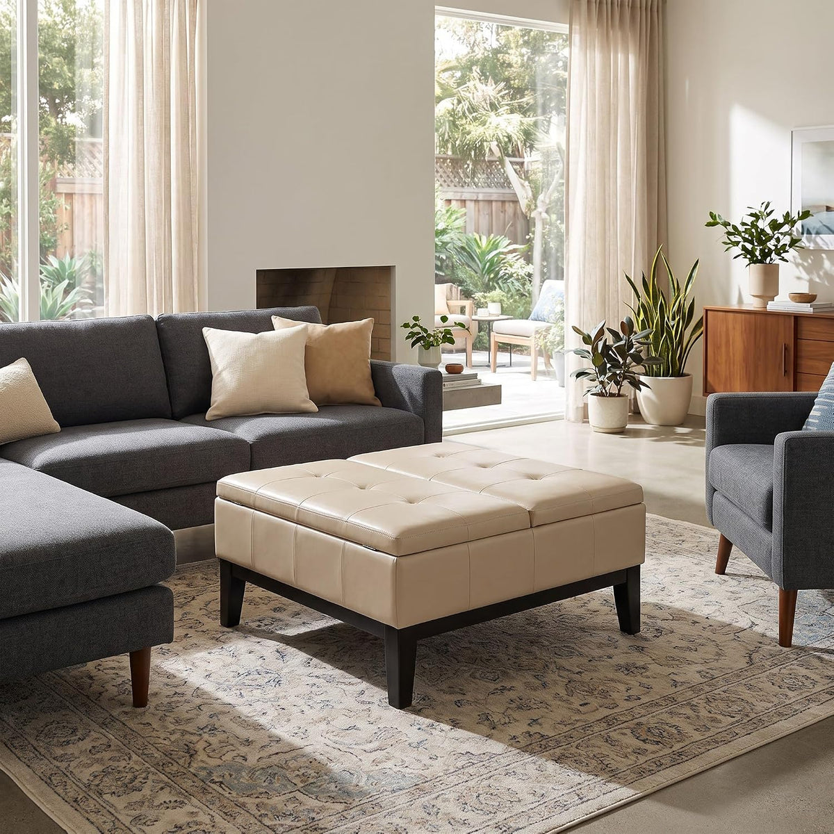 SIMPLIHOME Dover 36" Wide Vegan Leather Storage Ottoman in Satin Cream