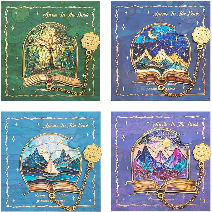 4pcs Metal Bookmarks with Chain, Inspirational Book Marks Set Featuring Books - Image 2