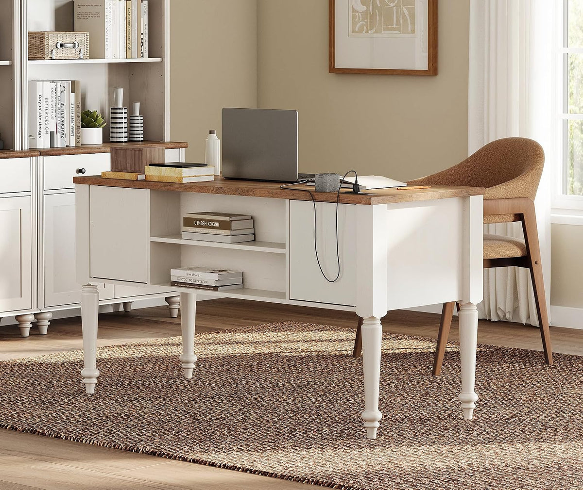 WAMPAT Farmhouse Executive Desk with Charging Station, Off White, 56 Inch