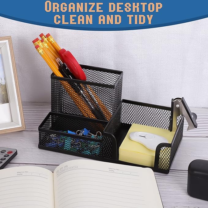 Ludato Desk Organizers Mesh Pencil Holder，3 Compartments Black Mesh Pen Holder - Image 6