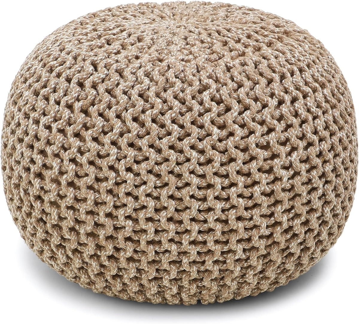 · REDEARTH · Round Pouf Ottoman - Hand Knitted Boho Poof - Beige Ivory