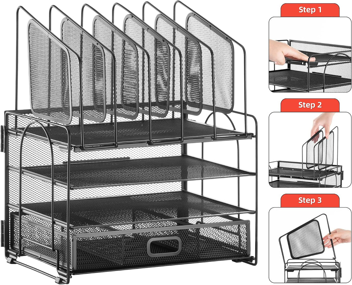 marbrasse desk organizer with drawer, 4-tier mesh file, package contents
