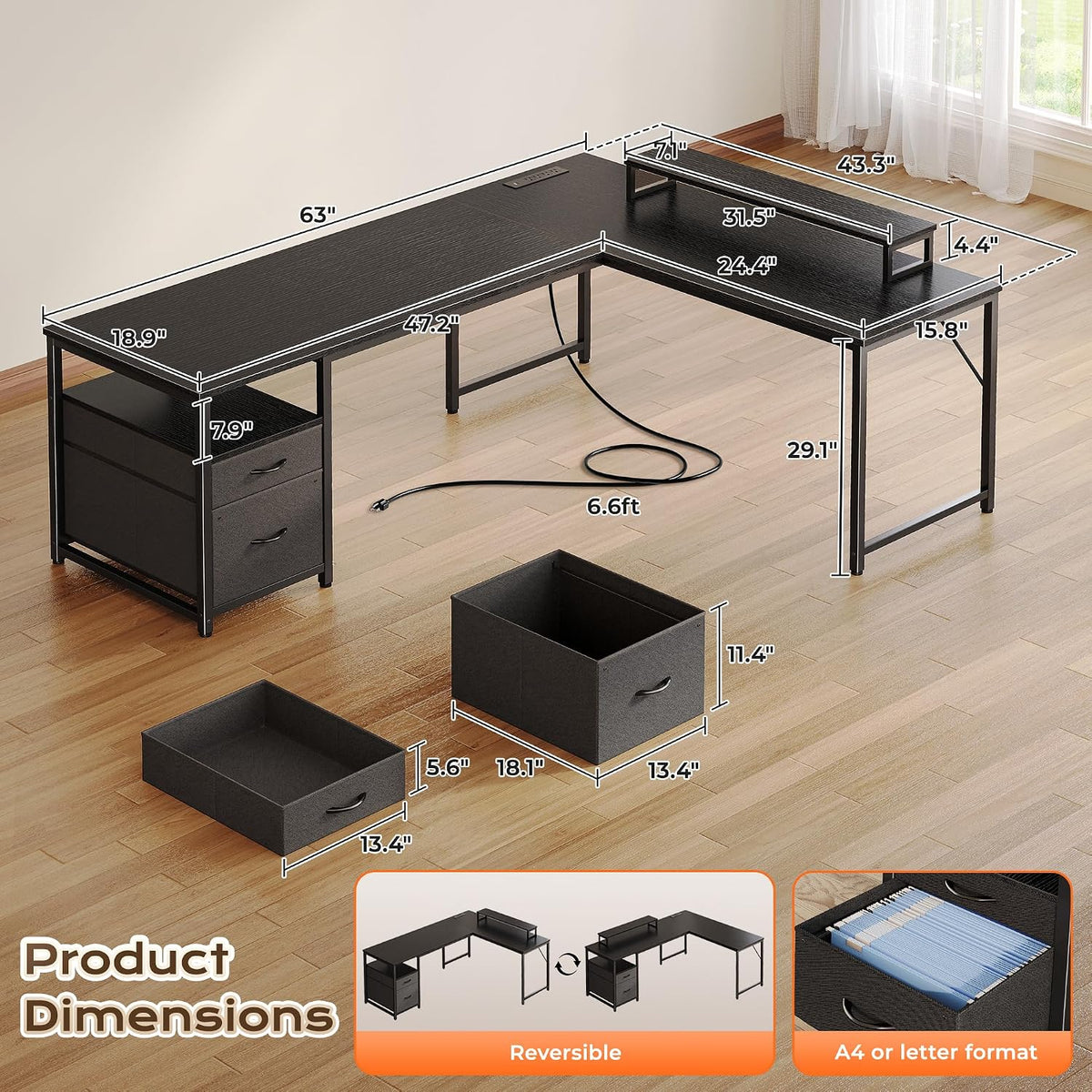 PRAISUN 63 Inch L Shaped Desk with Power Outlets and USB-C Port, Computer Cor...