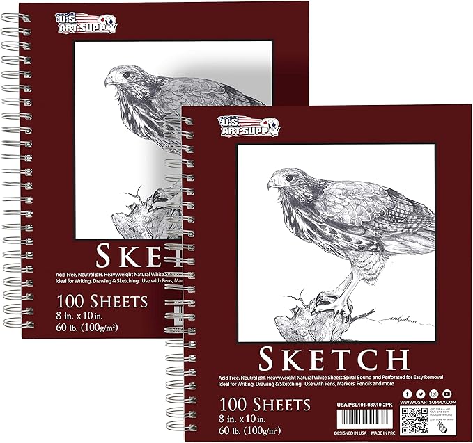 U.S. Art Supply 8"x10" Sketch Book Pad, 2 Pack, 60lb Spiral Bound by USArtSupply
