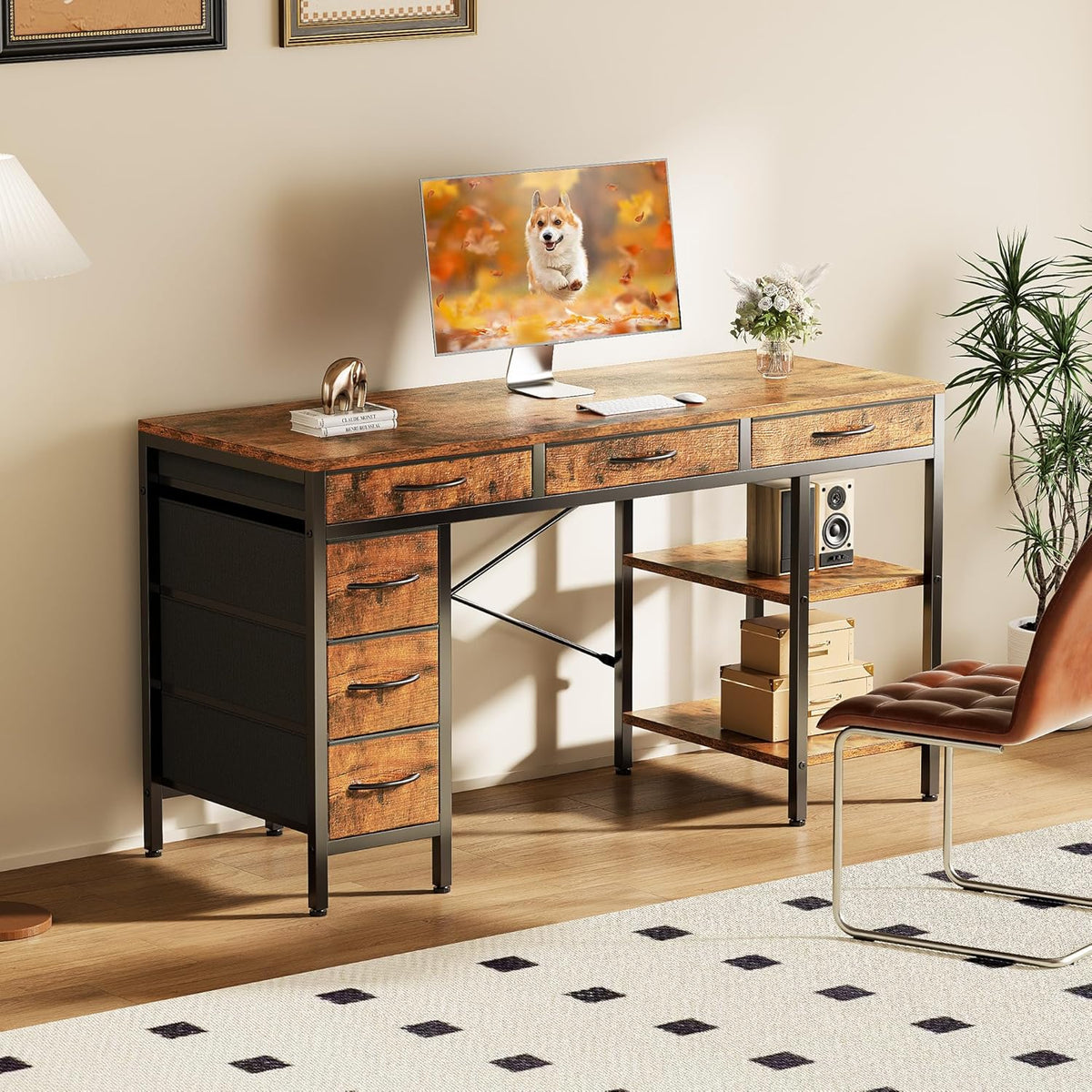 OLIXIS 55 Inch Computer Desk with 6 Fabric Drawers, for Home Office Work