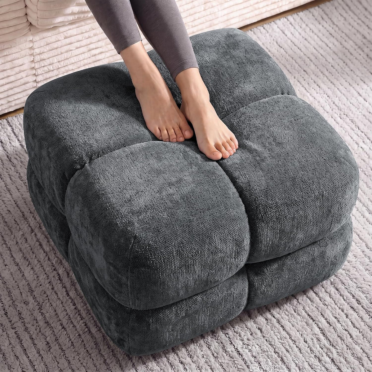 Bubble Chenille Ottoman, Foot Rest Stool for Couch, Grey