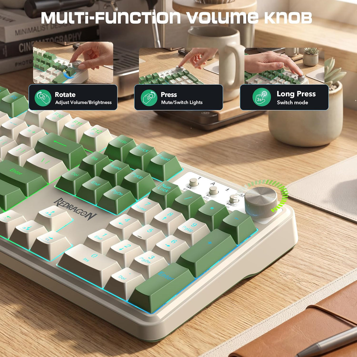 Redragon RM104 Wireless Gaming Keyboard with Knob, Tri-Mode BT/2.4G/USB-C RGB...