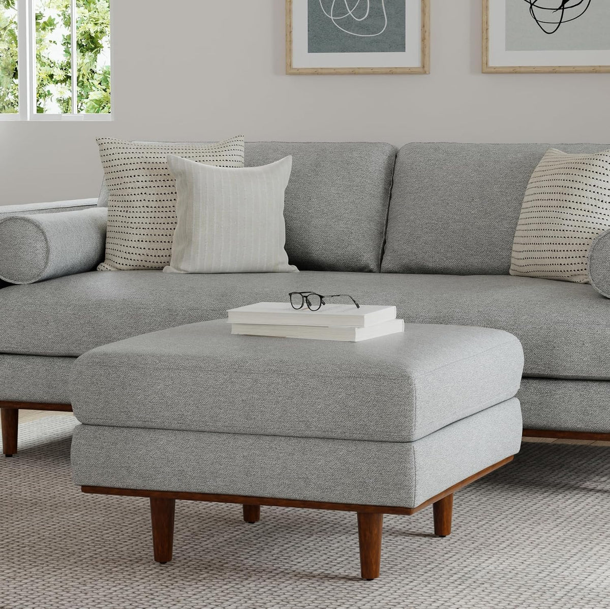 SIMPLIHOME Morrison 33" Wide Woven-Blend Rectangle Ottoman in Mist Grey