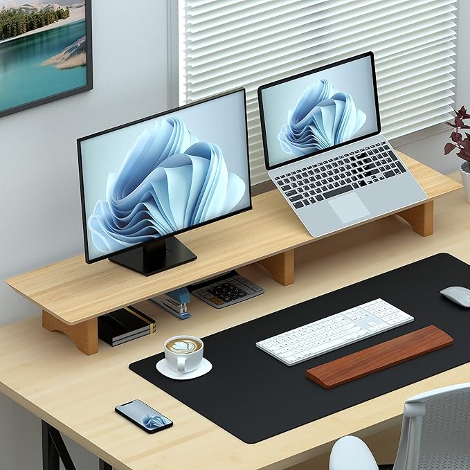 Aothia Large Dual Monitor Stand Riser, Solid Wood Desk Shelf - Image 5