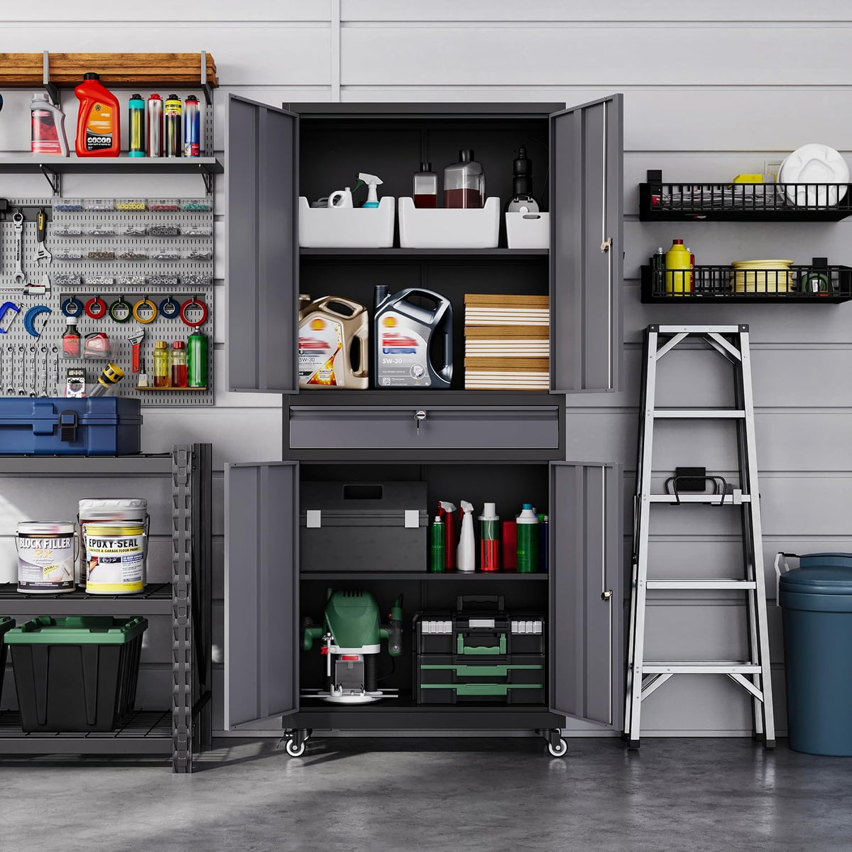 letaya metal garage storage cabinet with wheels,72” rolling, front angle view