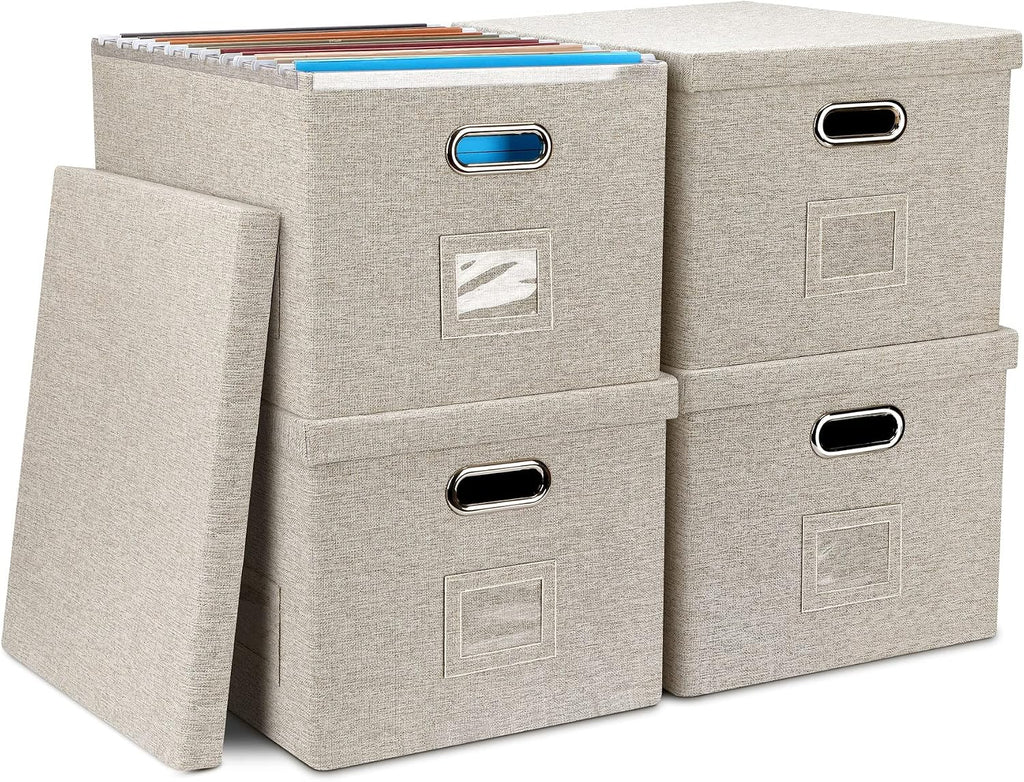 4-Pack Modern Minimalist Beige Collapsible Linen File Folder Box Office
