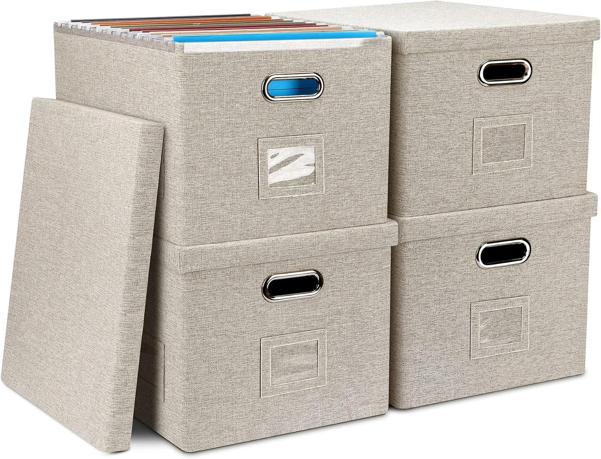 4-Pack Modern Minimalist Beige Collapsible Linen File Folder Box Office