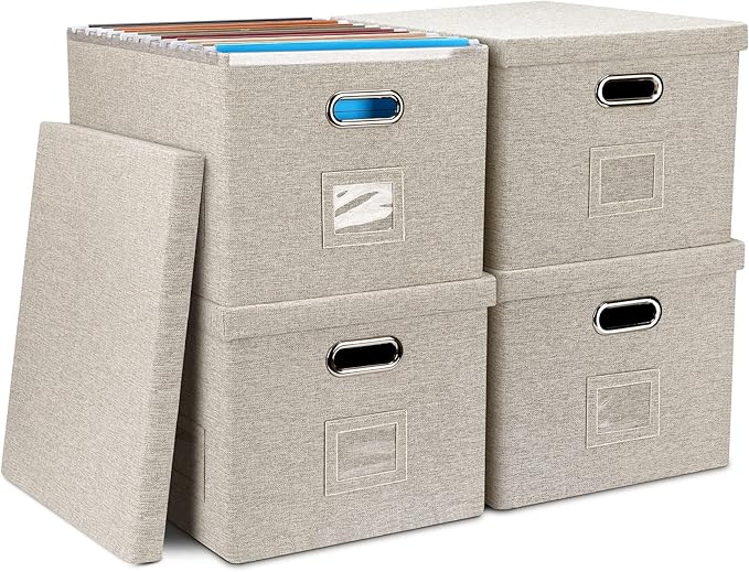 4-Pack Modern Minimalist Beige Collapsible Linen File Folder Box Office by GraciadecoStorage