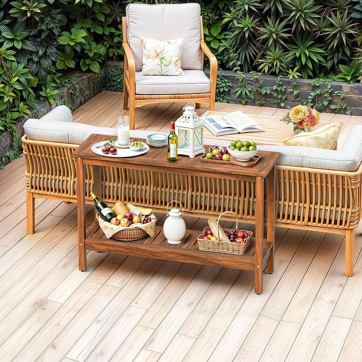 SUPER DEAL 2-Tier Solid Wood Side Table, Outdoor Console Table with Storage S...