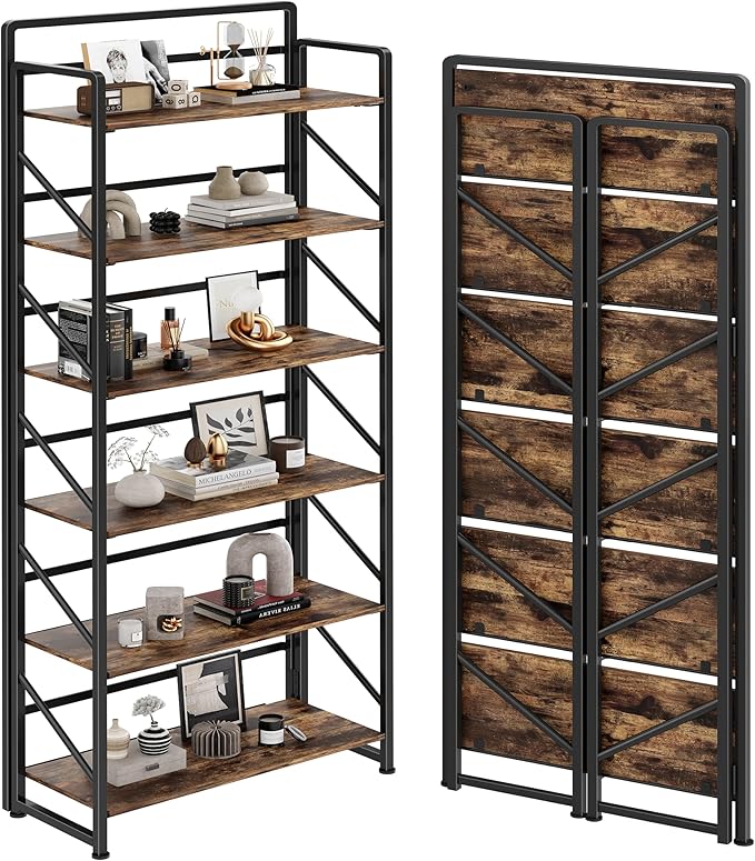 JSB No Assembly Folding Bookshelf, 6 Tier Industrial Metal Book Shelf by HomeFurniture