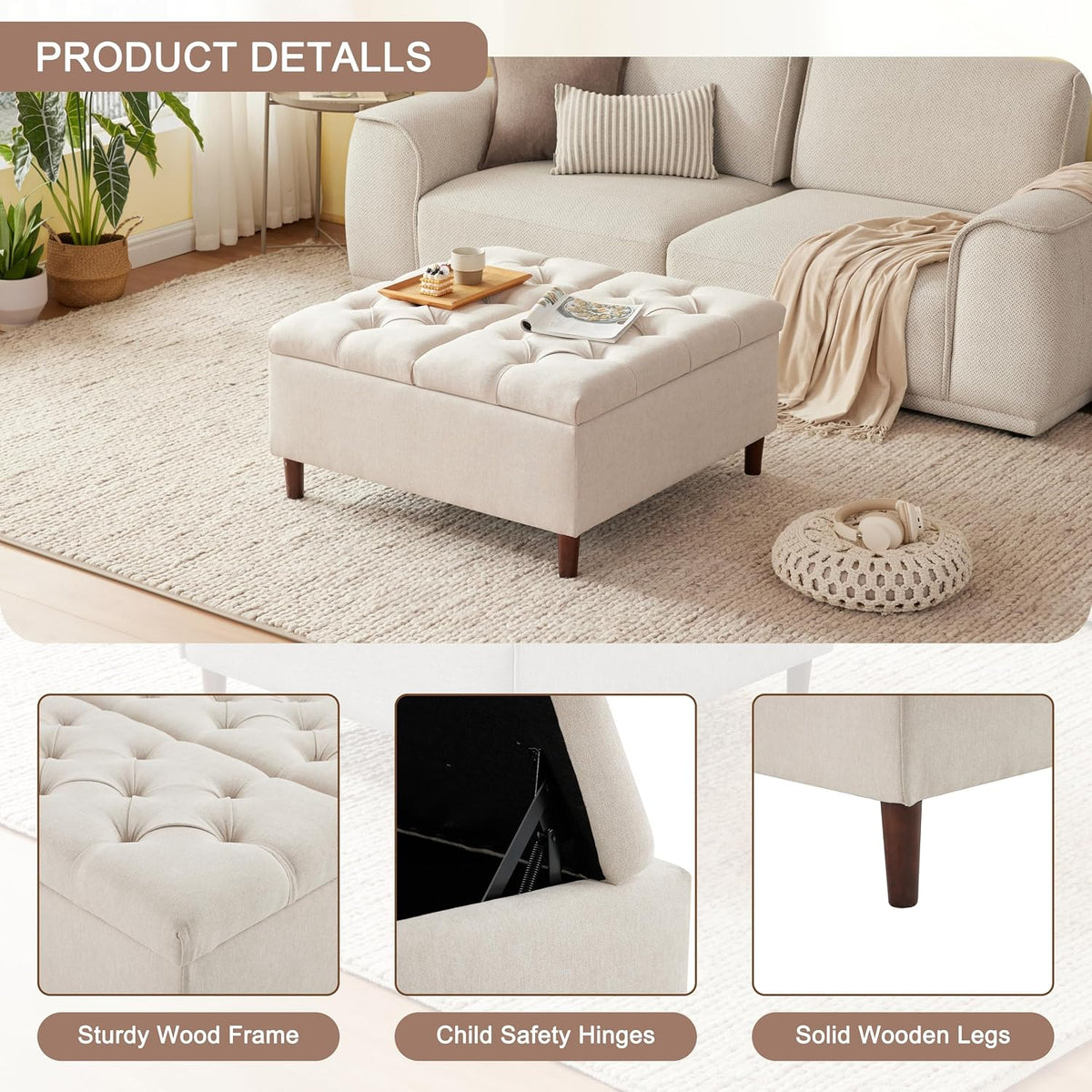 Weture 35" Large Storage Ottoman Coffee Table, Square Ottoman, Beige