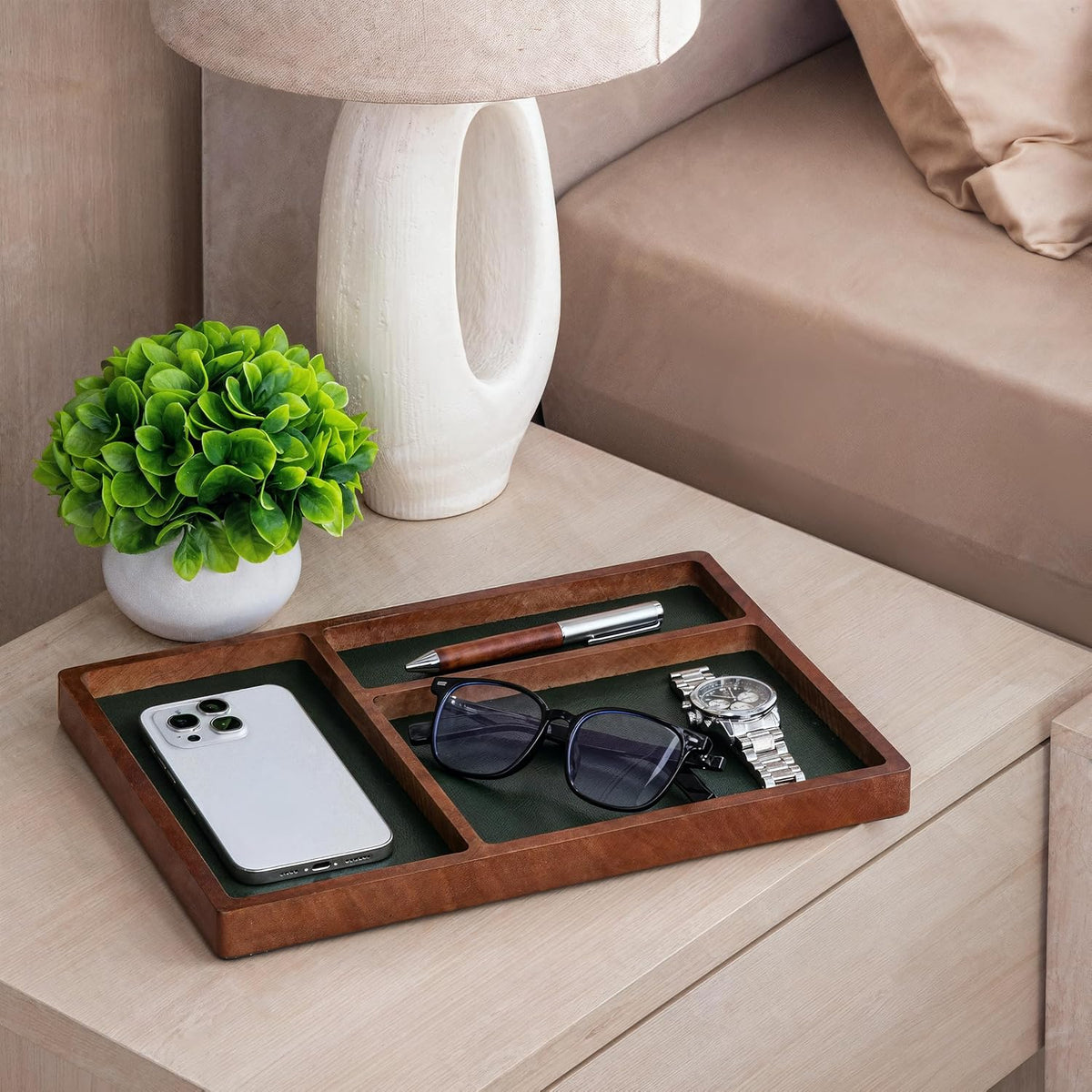 ReeKi Solid Wood Valet Tray | 3 Slot Desk Drawer Organizer
