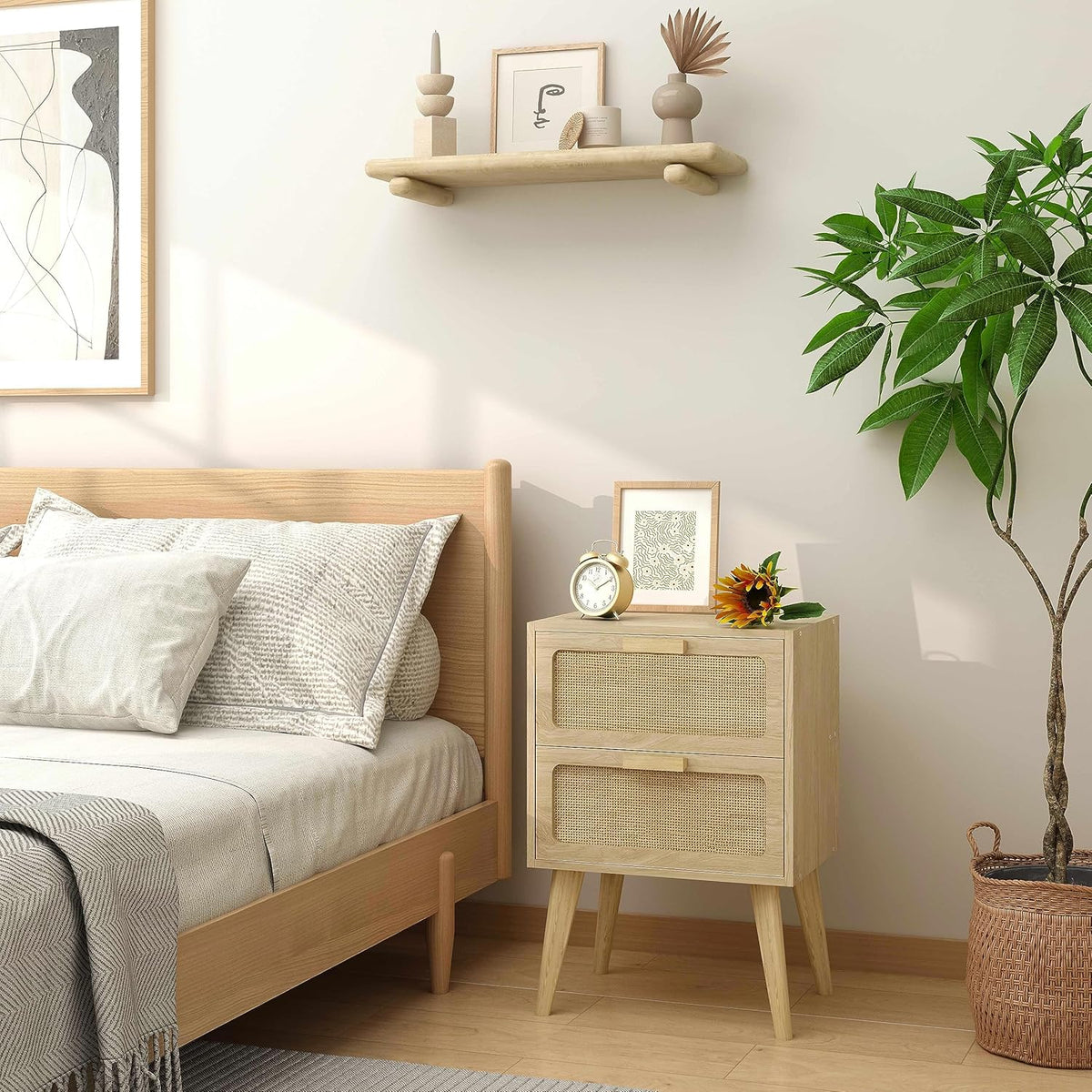 YAUKOMEL Rattan Nightstand, Natural End Table, Bedside Table