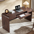 63" Modern Computer Desk with 2 Drawers, Wood Curved (Brown) | Executive Desk with Keyboard Tray & Power Outlet, Writing Desks with Storage for Home Office, Study Room, Living Room