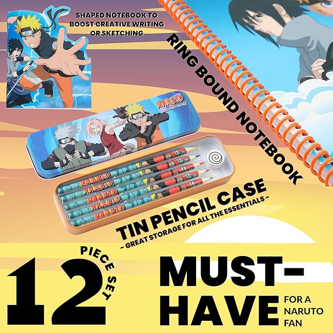 Naruto Stationery Set with Colouring Pencils Tin Pencil Case Childrens - Image 4