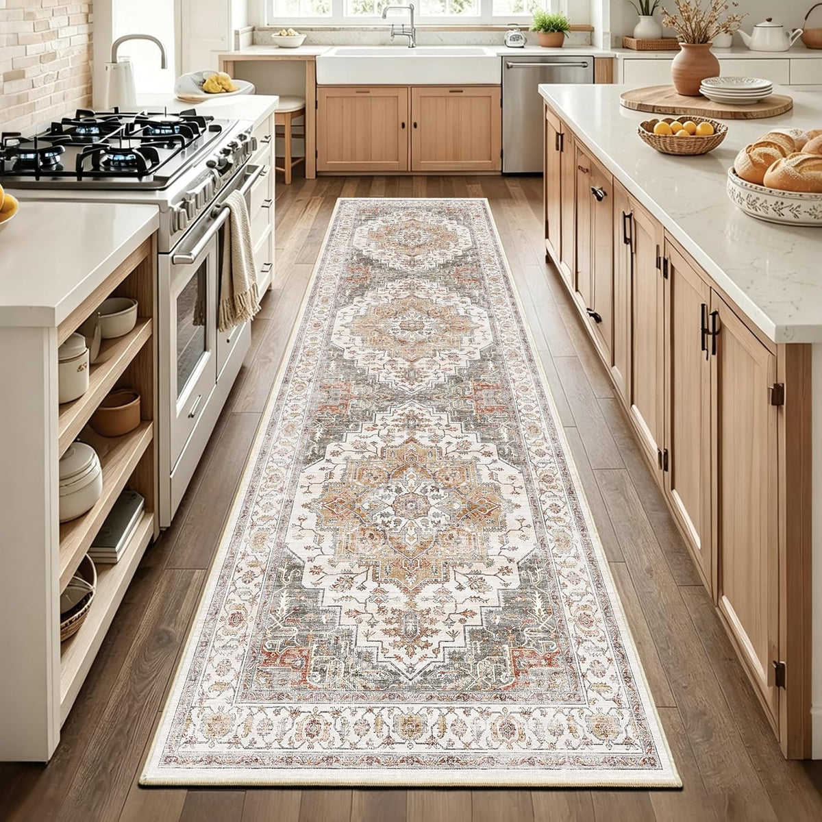 3x10 Vintage Runner Rug Low Pile Non-Slip Washable Kitchen Rug