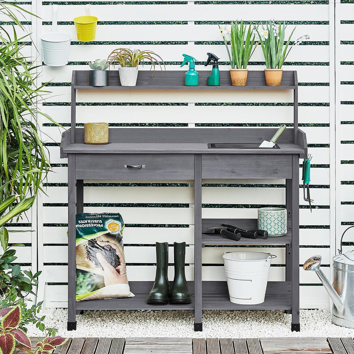 Yaheetech Potting Bench with Sink & Drawer, Outdoor Gardening Table, Gray