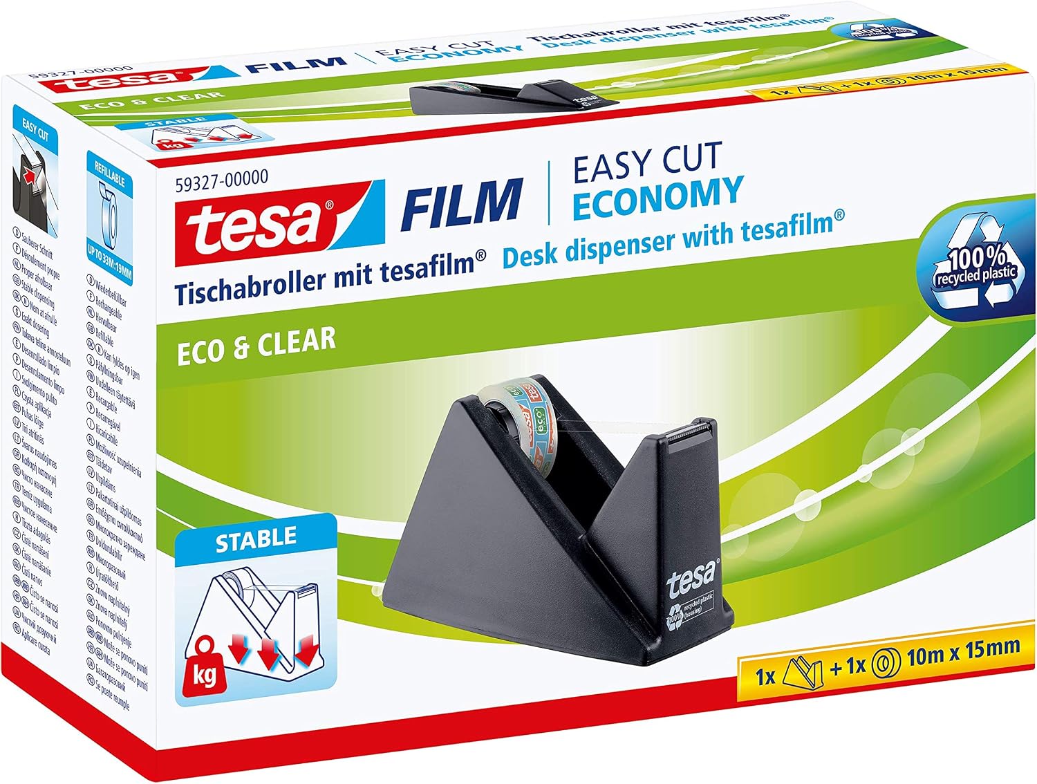 tesafilm Desk Dispenser for Adhesive Tape- Black Includes 1 roll of tesafilm Eco and Clear 10 m x 15 mm