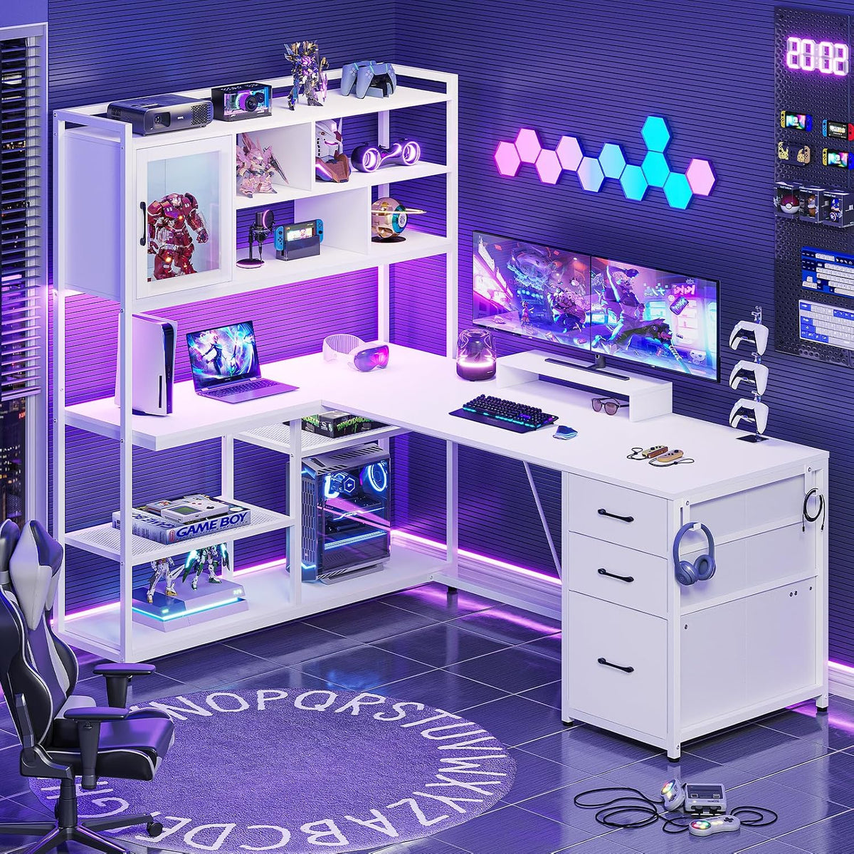 SEDETA 58'' L Shaped Computer Office Desk with 3 Drawers and Bookshelf