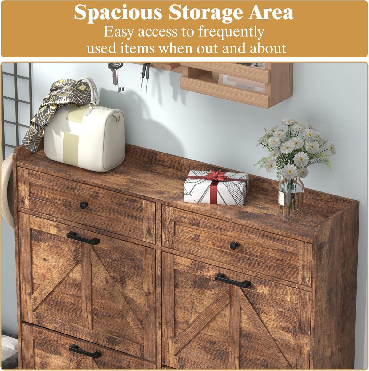 Thacuok Shoe Cabinet with 4 Flip Drawers & 2 Storage Drawers, Rustic Farm...