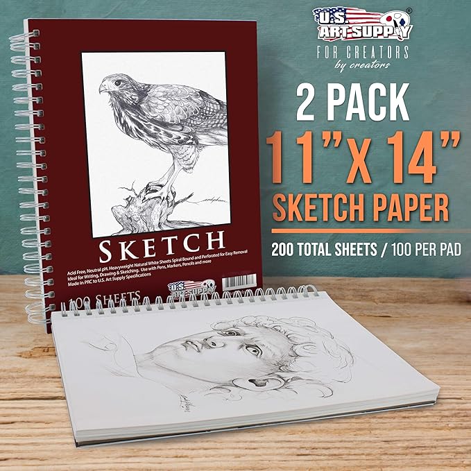 U.S. Art Supply 11"x14" Sketch Book Pad, 2 Pack, 60lb Spiral Bound - Image 2