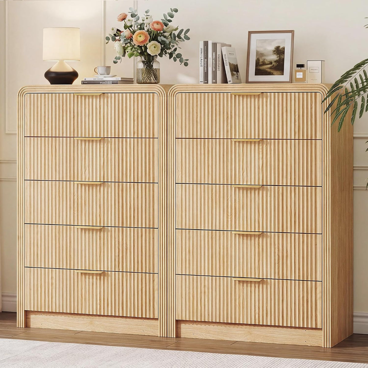 Decofy Fluted Wood Dresser 5 Drawers 48" Tall Curved Modern Chest Organizer
