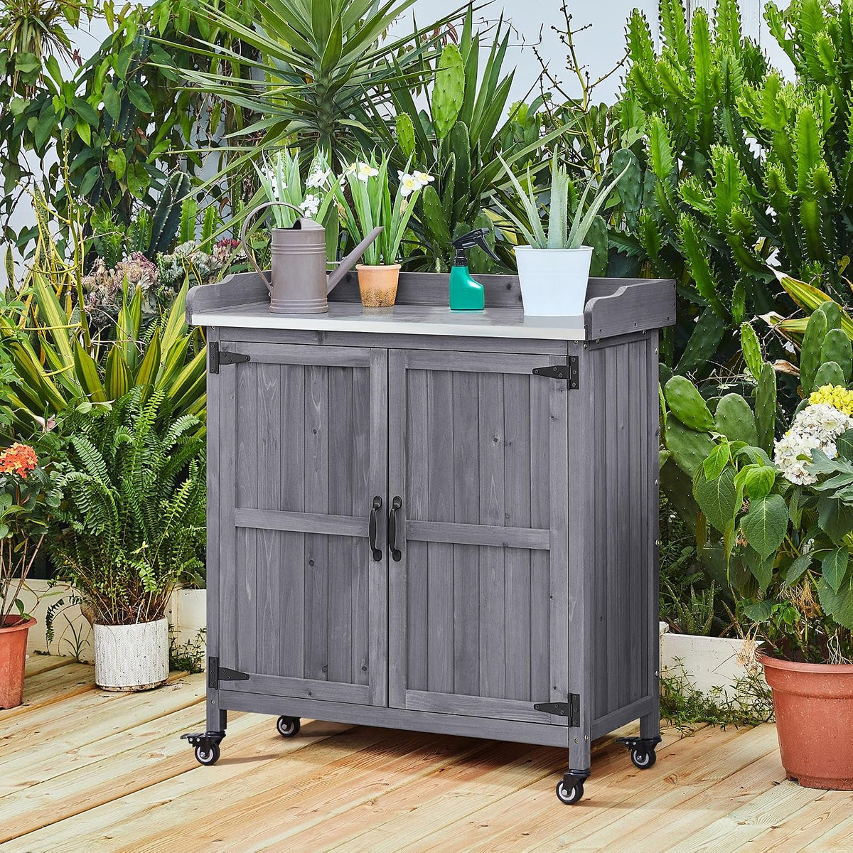 Yaheetech Rolling Potting Bench Outdoor Storage Cabinet, Metal Top, Gray