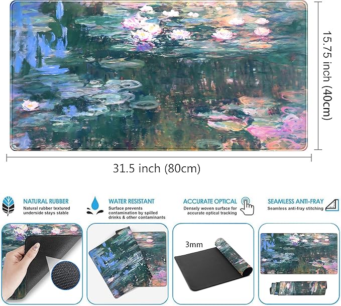 Abstract Oil Painting Mousepad Retro Water Lilies Desk Mat, XXL Large Extended - Image 3