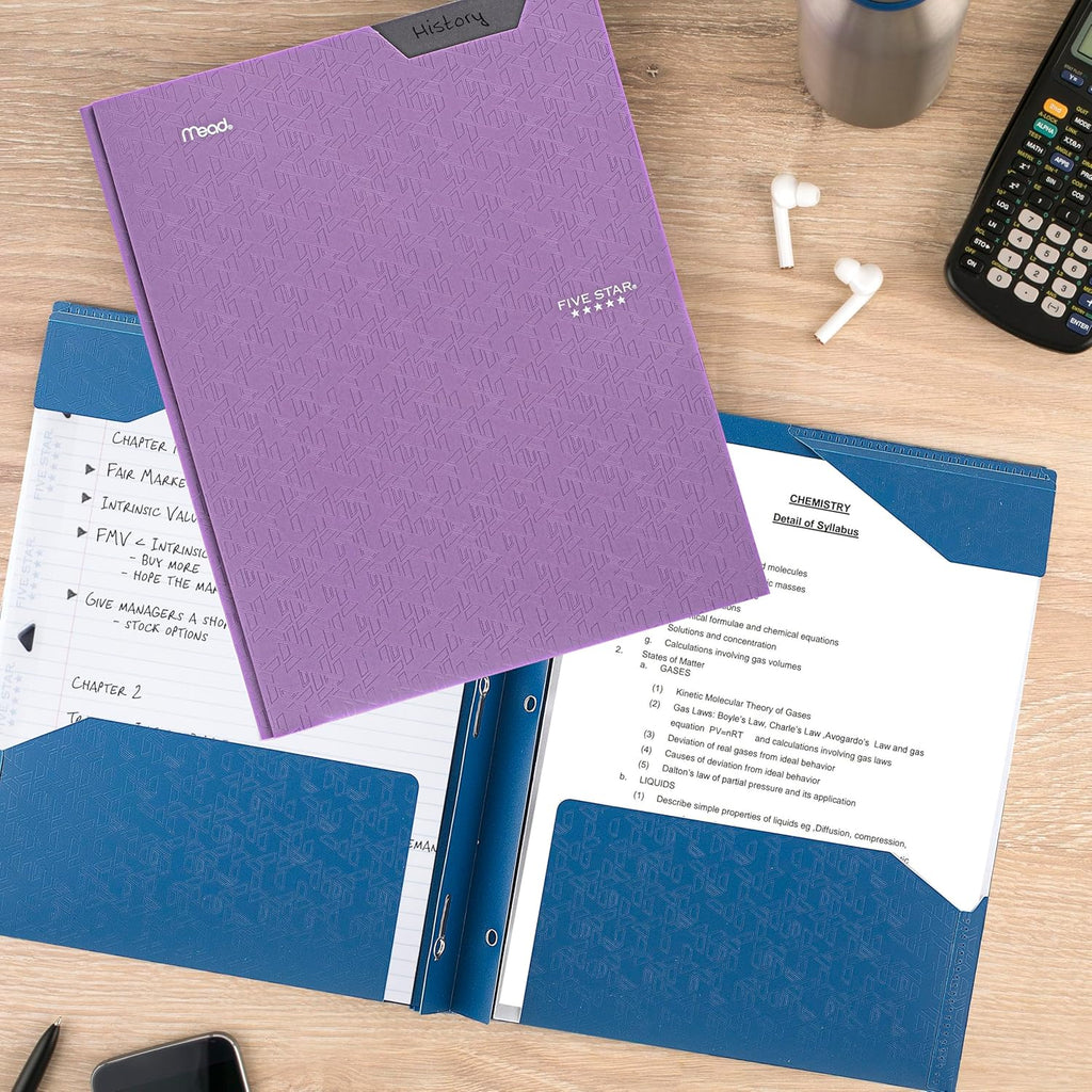 Five Star 2-Pocket Folder, Plastic Folder with Stay-Put Tabs and Prong Fasteners, Holds 8-1/2" x 11" Paper, Amethyst Purple (38750)