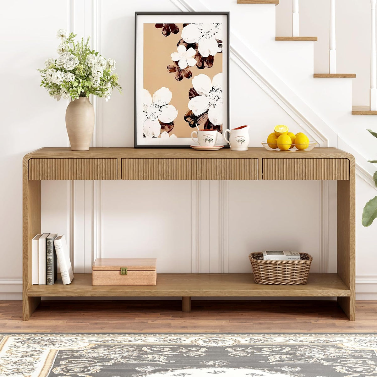 Knocbel Console Table with 3 Drawers and Vertical Slats, Modern Sofa Tables w...