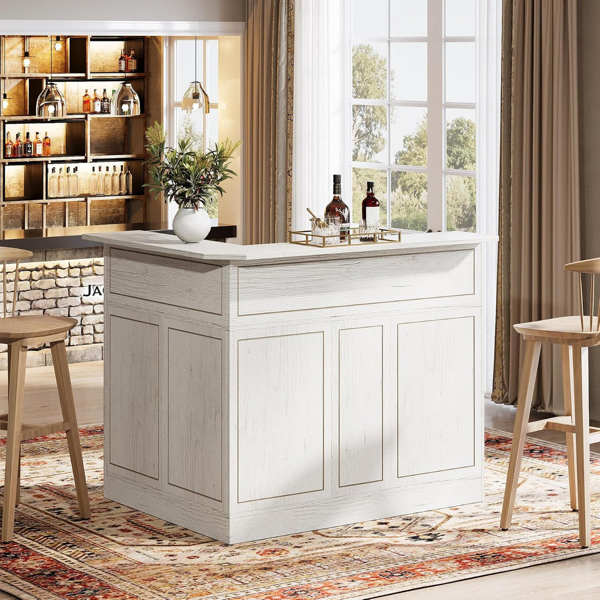 Tribesigns Bar Cabinet, L-Shaped Home Bar Table with Stemware Racks, 4-Tier C...