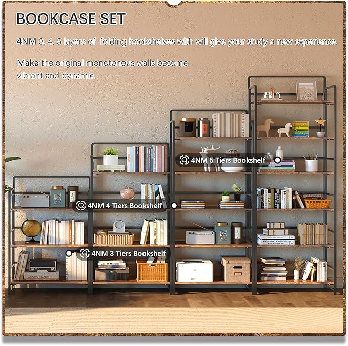 4NM No Assembly 6 Tiers Folding Bookshelf Storage Shelves Vintage Bookcase - Image 5
