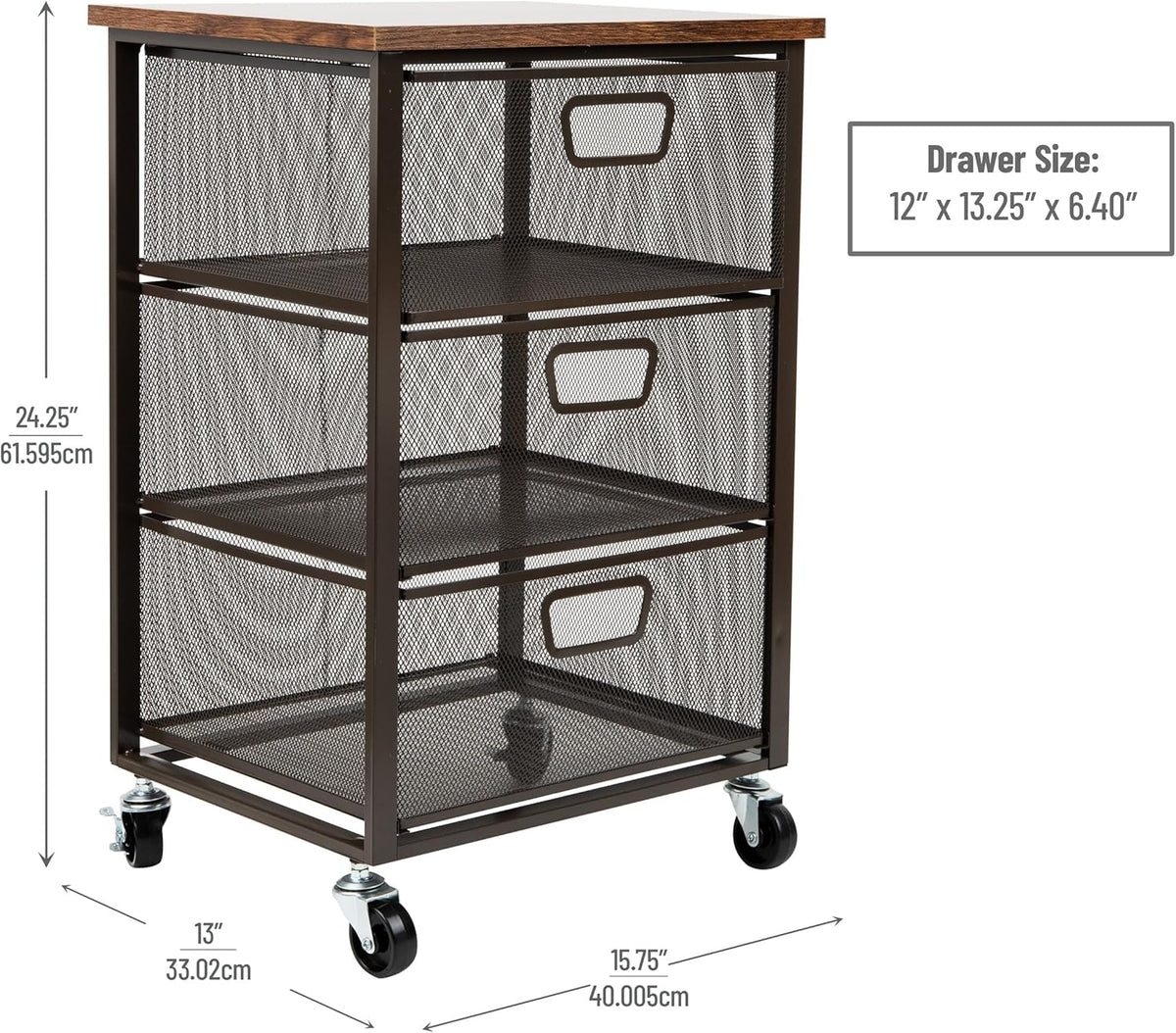 Mind Reader 3 Drawer Storage Organizer with Wood Top, Rolling Office Organize...