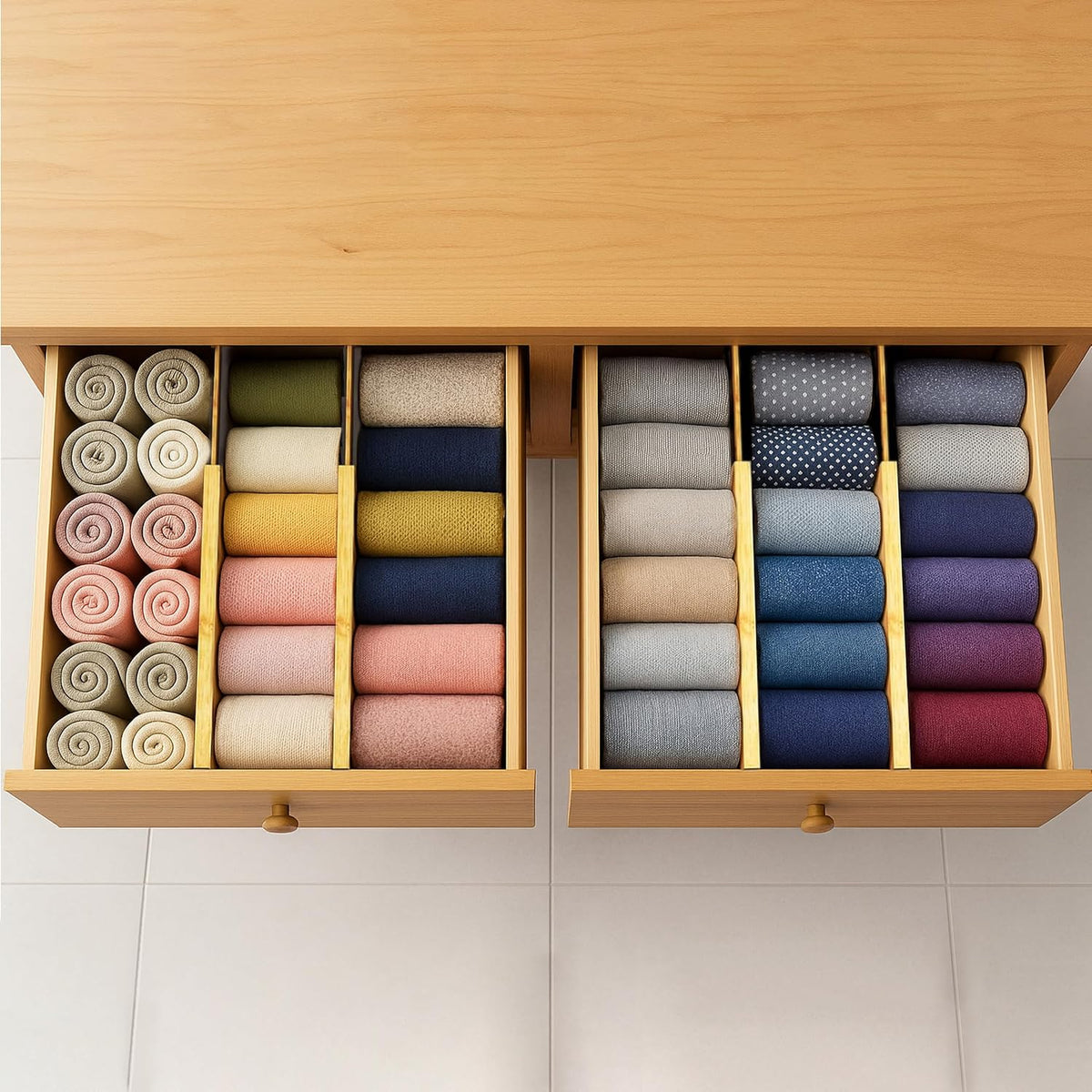 Bamboo Drawer Dividers 6 Pack with Non Slip Liner, Adjustable Expandable Draw...