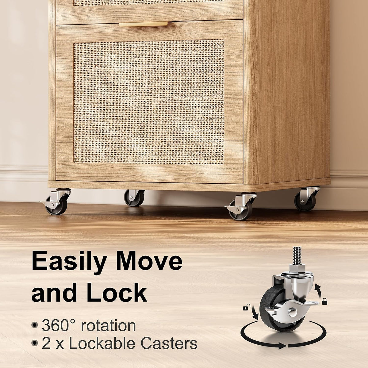 INNOD 3 Drawers Rattan Mobile File Cabinet with Lock, Rolling File Cabinet Pr...