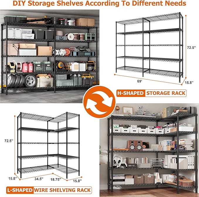 REIBII 1600LBS Storage Shelves 69.8''W Metal Shelving 5 Tier Wire Shelving Unit - Image 4