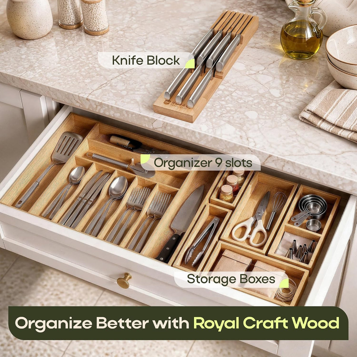 ROYAL CRAFT WOOD Luxury Bamboo Kitchen Drawer Organizer for Kitchen Organizat...