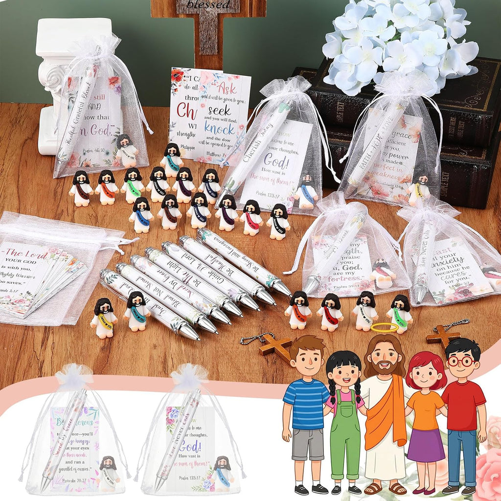 Cinnvoice 24 Set Christian Bulk Gifts for Women, Little Jesus Figures, Bible Verse Pens Gift with Prayer Cards, Religious Vbs Scripture for Easter Sunday Church Inspirational Supply (Floral Style)
