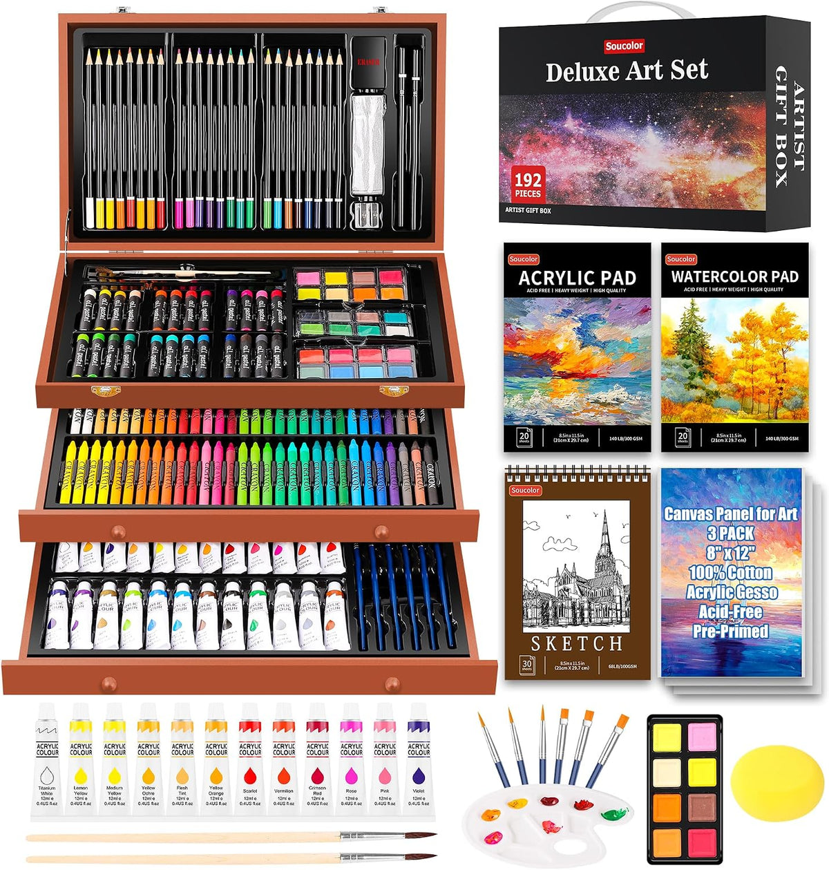 soucolor 192-pack deluxe art set, drawing painting kit, main product view