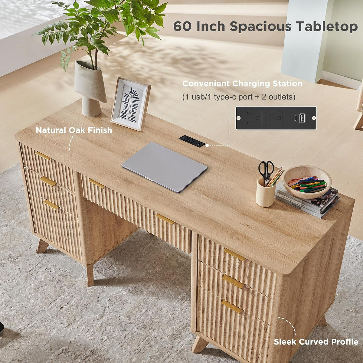 T4TREAM 60-Inch Modern Fluted Executive Desk with Drawers, Natural Oak