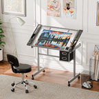 ZENY Drafting Table on Wheels with Storage Drawers, Adjustable Glass Tabletop, Craft Table Drawing Desk Artist Hobby Table for Painting, Drawing, Crafting | Mobile Rolling Drawing Desk with Adjustable Tilting Glass Top, Storage Drawers, Art Craft