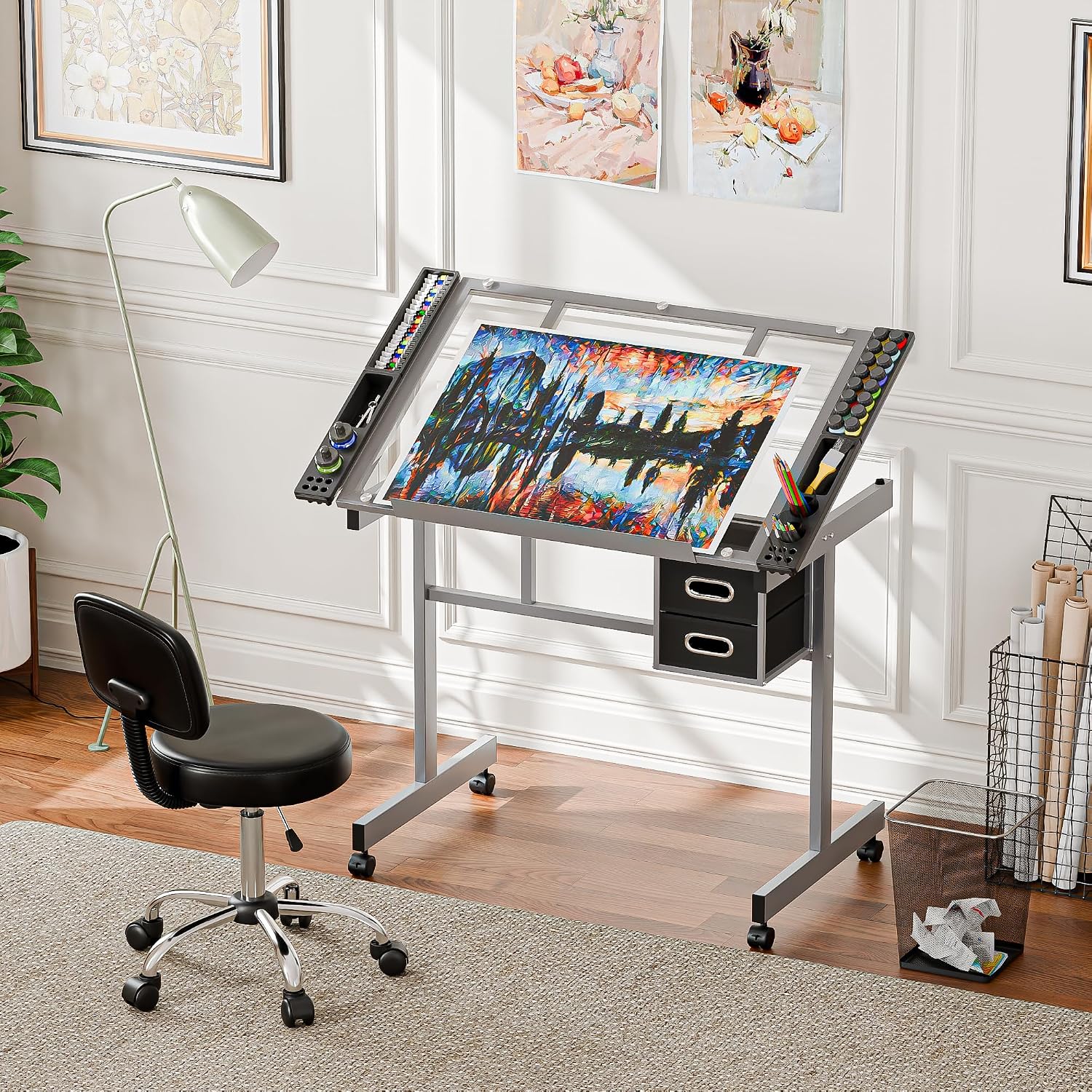 ZENY Drafting Table on Wheels with Storage Drawers, Adjustable Glass Tabletop, Craft Table Drawing Desk Artist Hobby Table for Painting, Drawing, Crafting | Mobile Rolling Drawing Desk with Adjustable Tilting Glass Top, Storage Drawers, Art Craft